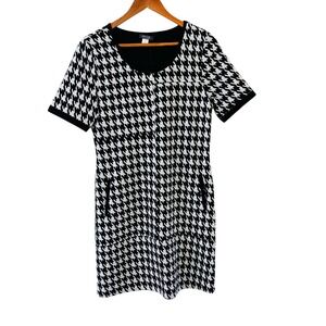 Dolcezza Womens Houndstooth Knit Shift Dress Size S Black Pockets Work Office
